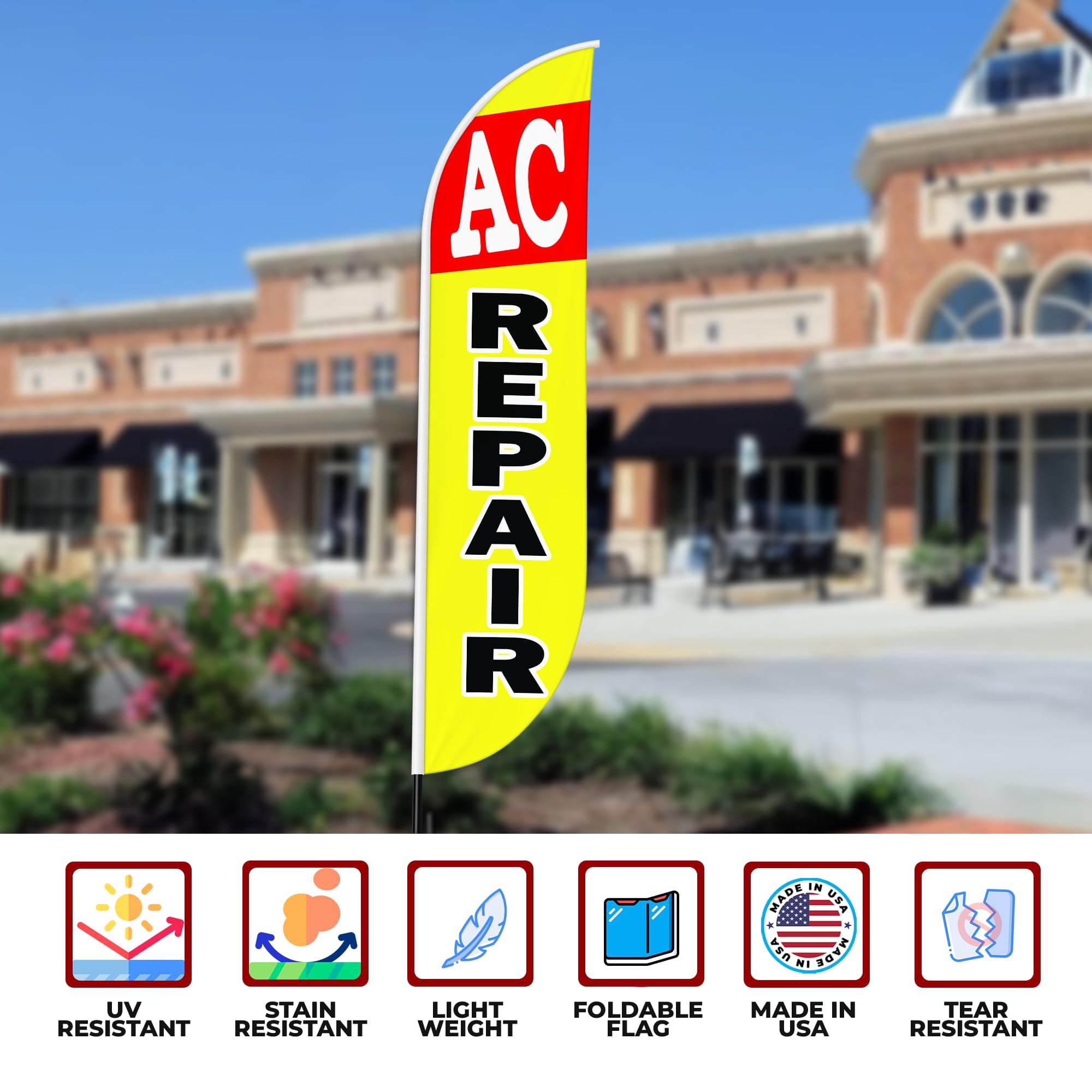 AC Repair Sign feather flag Pole kit for Outdoor by Mavis Printing | 15 FEET Long Polyester Outdoor Banner Flag Pole Mount Easy Hang | HD Print Swooper Flags to Advertise Car Business