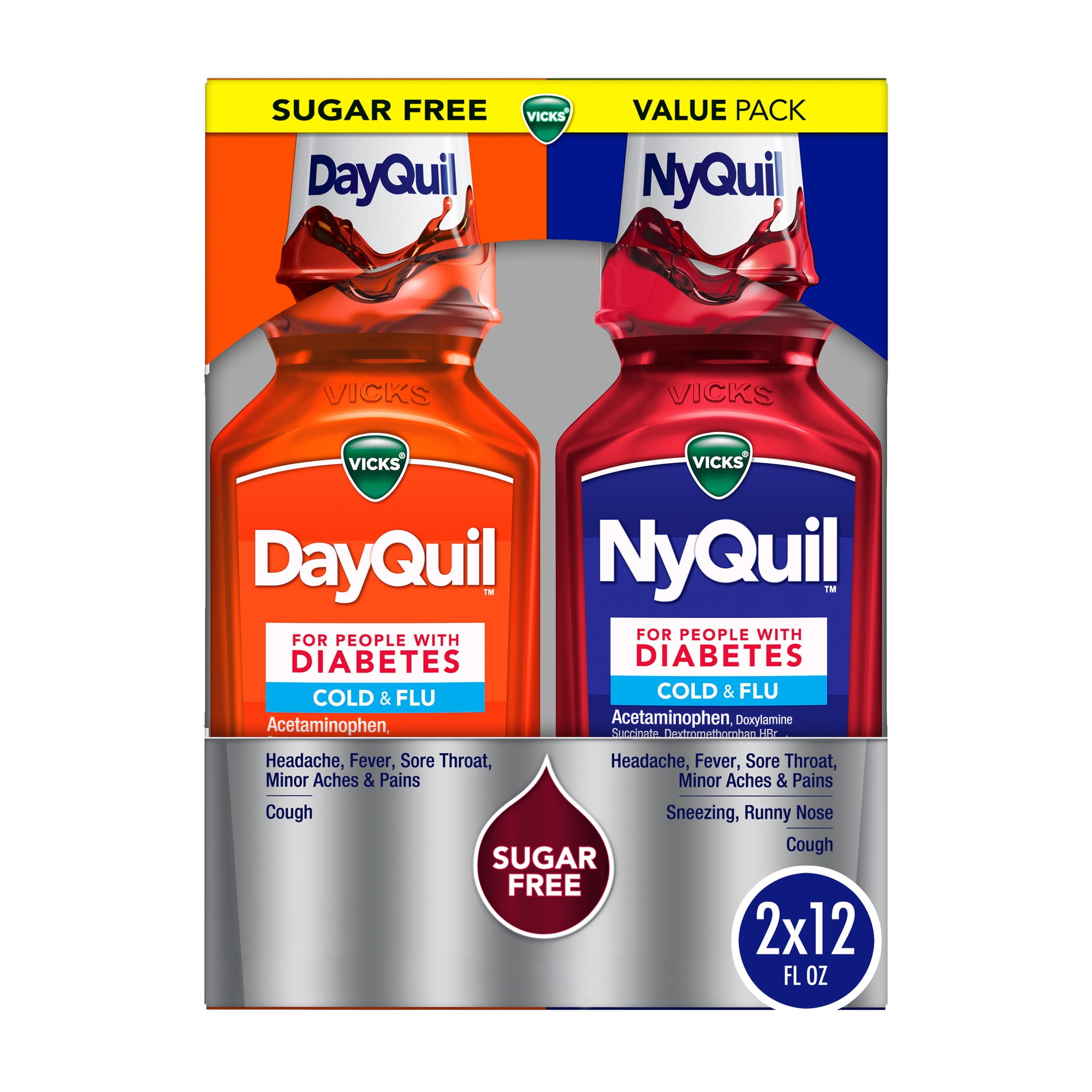 VICKS DayQuil & NyQuil Diabetes Cold & Flu Medicine Co-Pack, 2x12 fl oz
