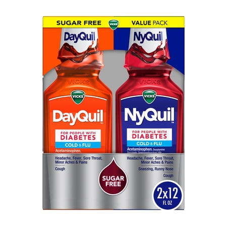VICKS DayQuil & NyQuil Diabetes Cold & Flu Medicine Co-Pack, 2x12 fl oz