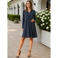 thumbnail image 2 of DARING DIVA Knee Length Long Sleeve V Neck Pleated Flowy Loose Dress M Dark Blue, 2 of 8