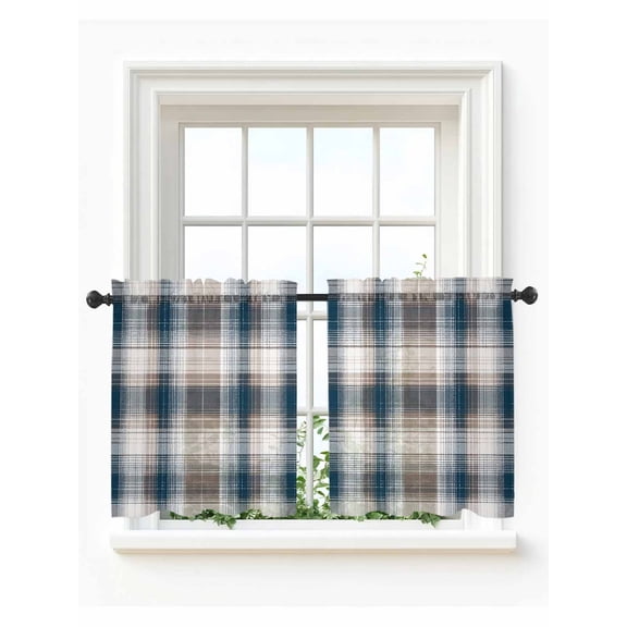 Blue Brown Plaid Tier Curtains 24 Inch Length,Sheer Curtains for Bedroom Living Room Window Modern Abstract Striped Gingham Checked Small Half Window Kitchen Curtains & Drapes 27.5"x24" 2 Panels