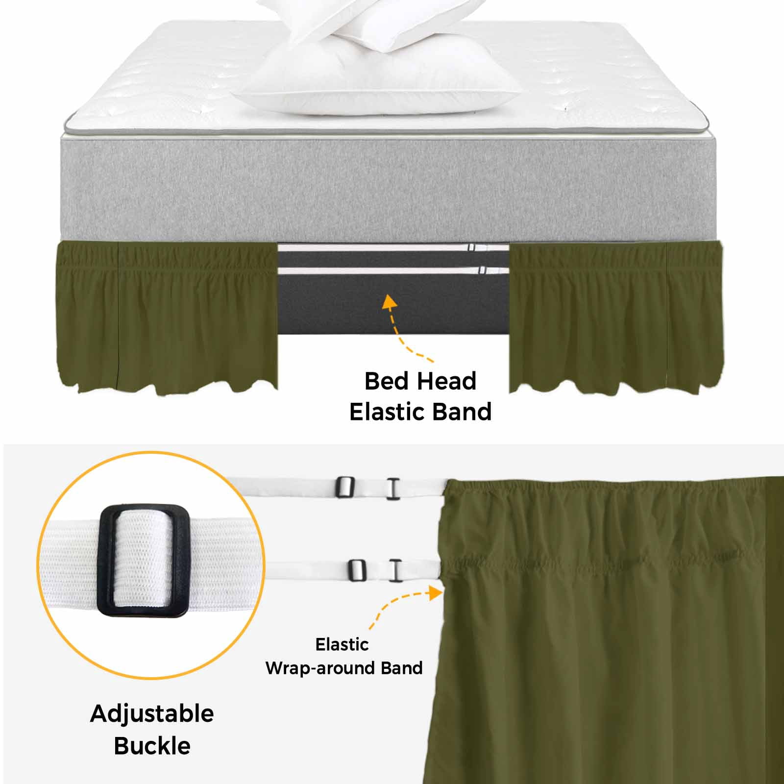 Bed Skirt Olive Green Adjustable Elastic Wrap-Around Dust Ruffle with Solid Color 16 Inch Drop, Bed Frame Cover for Queen Size Bed