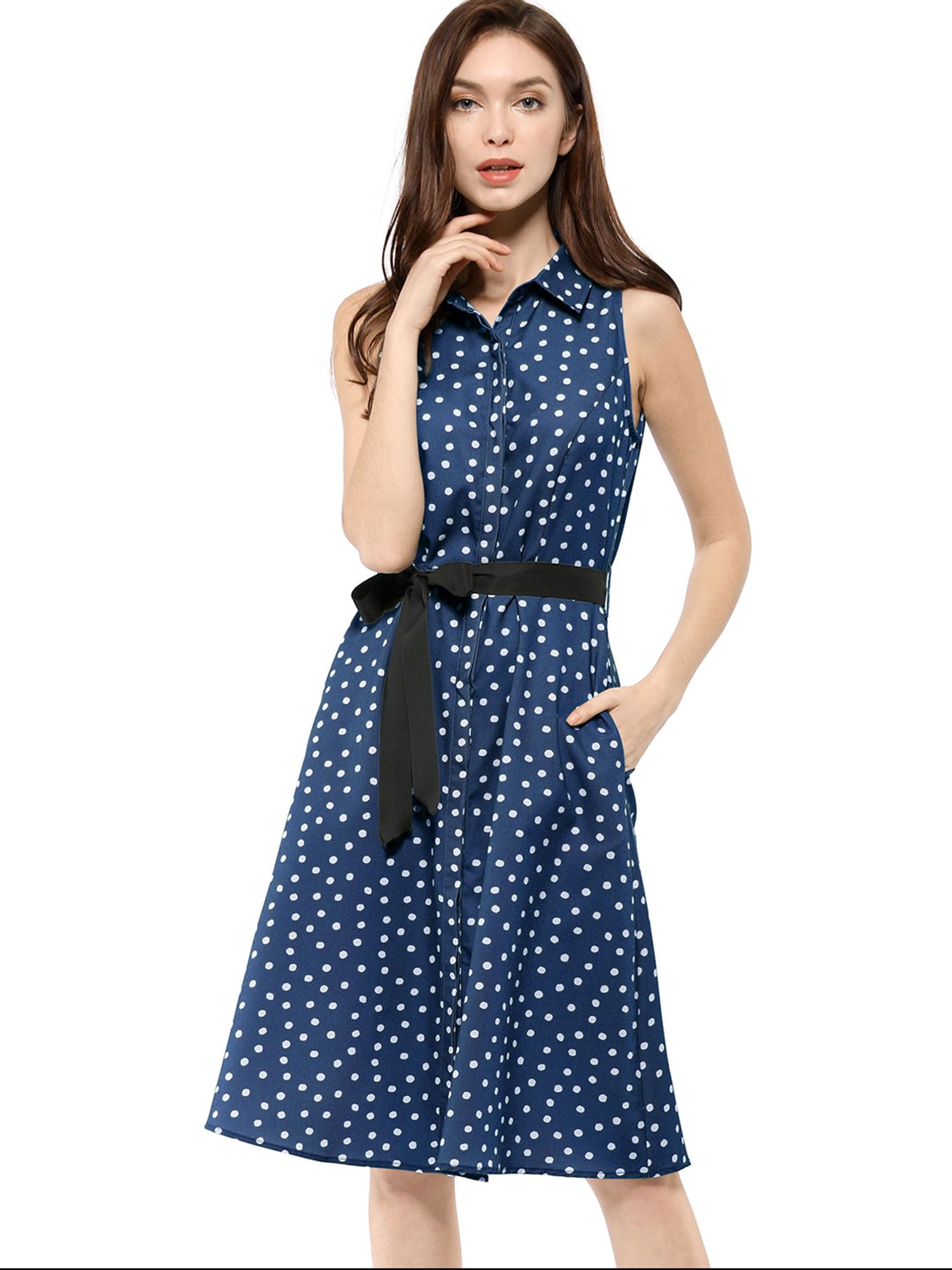 Allegra K Women's Polka Dots Sleeveless Point Collar Midi Shirt Dress ...