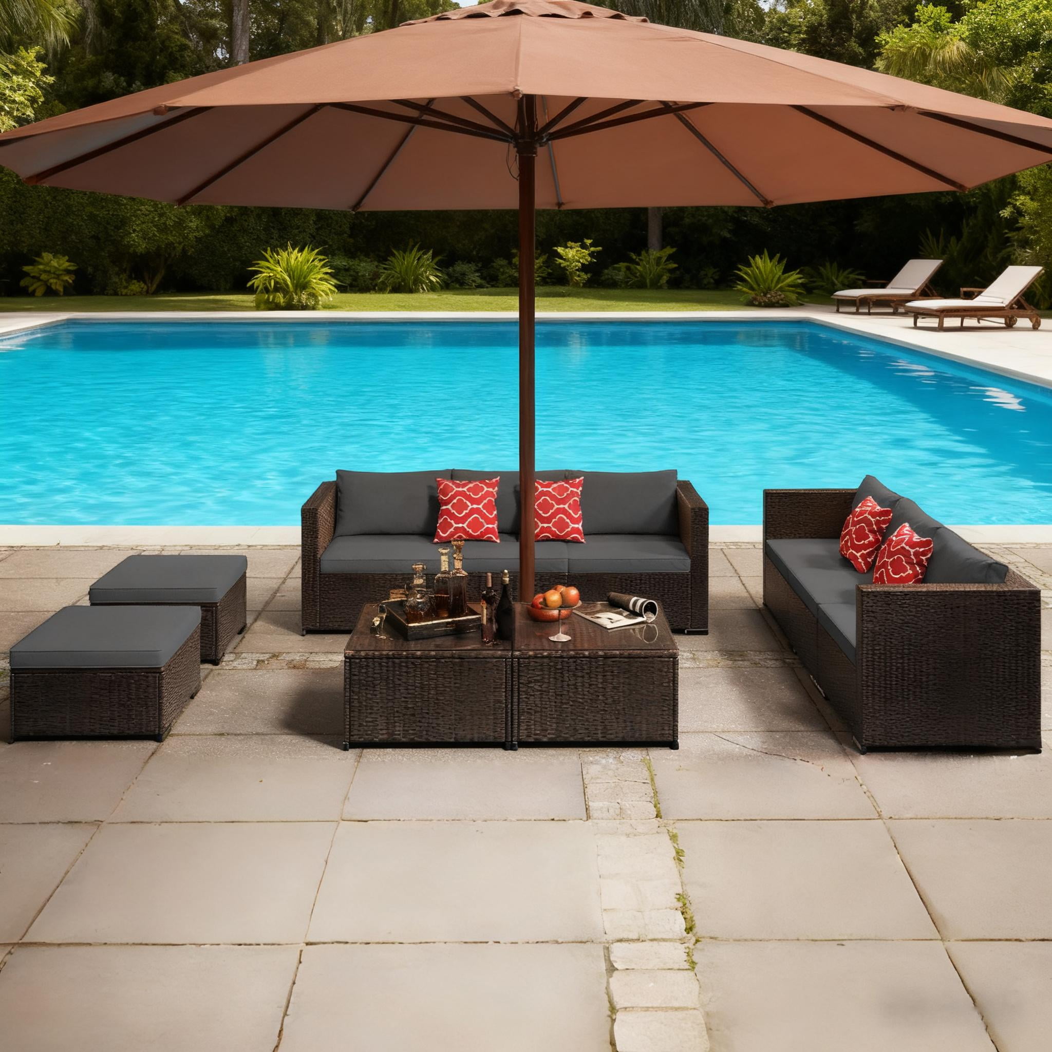 Patio Furniture Set, Lofka 10 Pieces Outdoor Sectional Sofa Set with Rattan Sofa and Tempered Glass Table, All-Weather Resistant for Backyard & Garden, Gray
