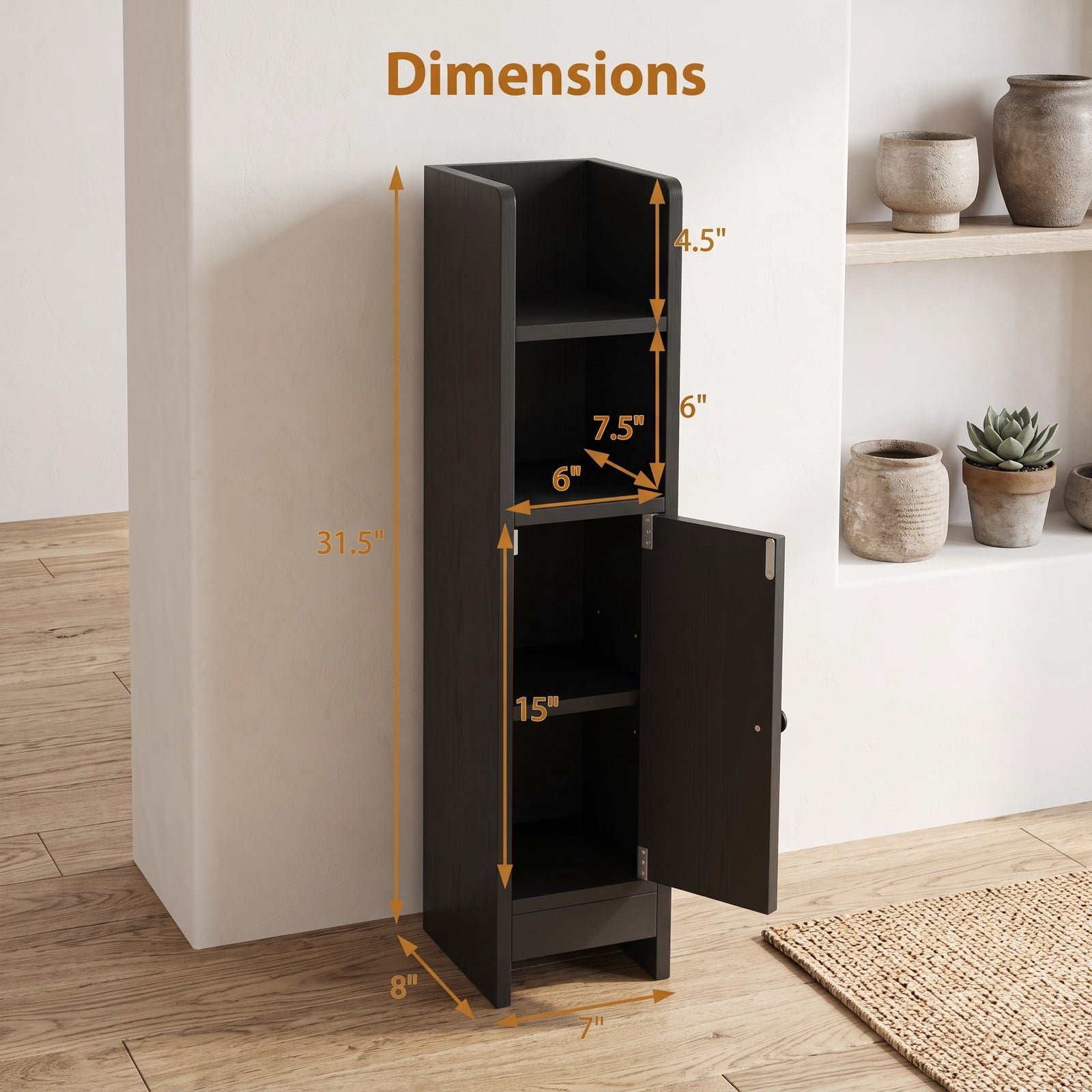 Fenbeli Slim Bathroom Corner Storage Cabinet, Freestanding Floor Cabinet with Door, Adjustable 3-Tier Shelf and Anti-Tipping Kit for Bathroom Laundry Room, Black
