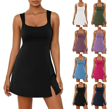 Wiyuqeen Athletic Dresses for Women with Built in Shorts Solid Backless Golf Tennis Dresses Scoop Neck Sleeveless Side Slit Rompers Mini Dresses