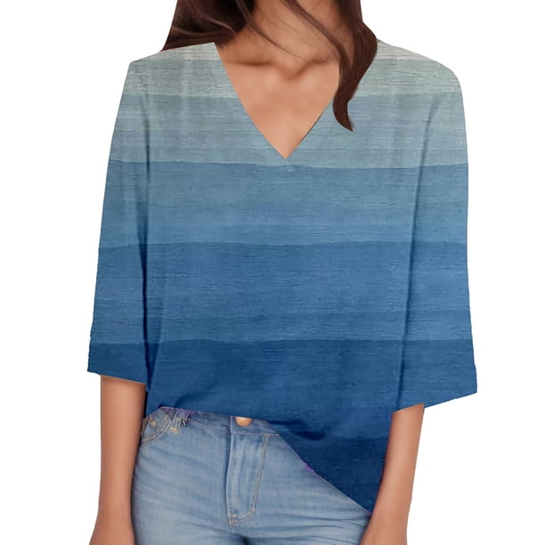 Gibobby Casual Playera de Manga Corta para Mujer Camiseta manga corta con cuello en V y estampado informal con temperamento en contraste color para mujer(Azul,M)