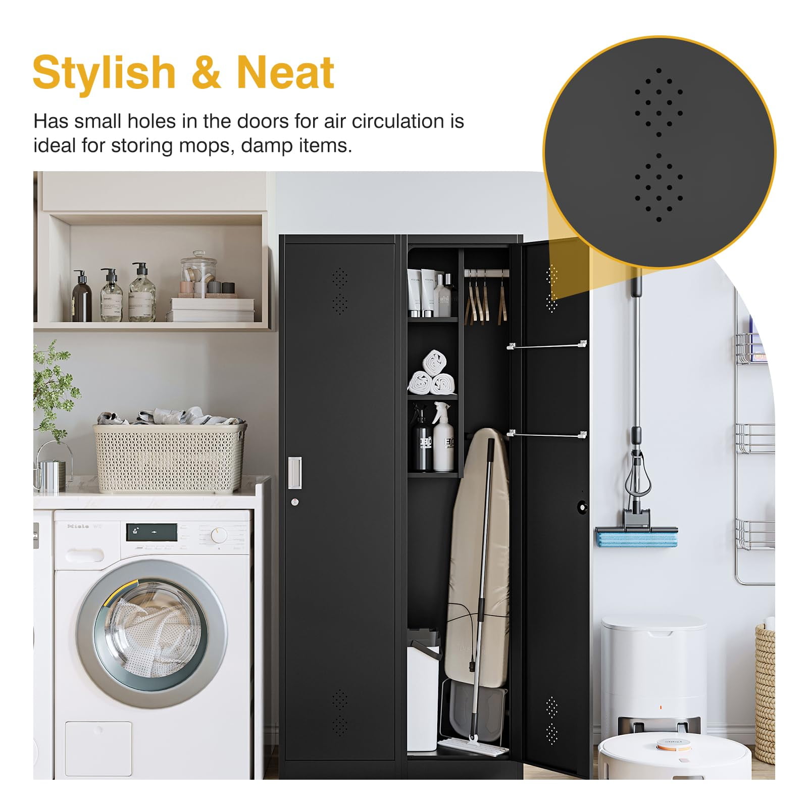 STANI Broom Closet Storage Cabinet Metal Cleaning Tool Cabinet Janitorial Utility Cabinet Cleaning Supplies with Locking Door Broom Rack Shelf for Broom Mops Garage Storage 71" Black