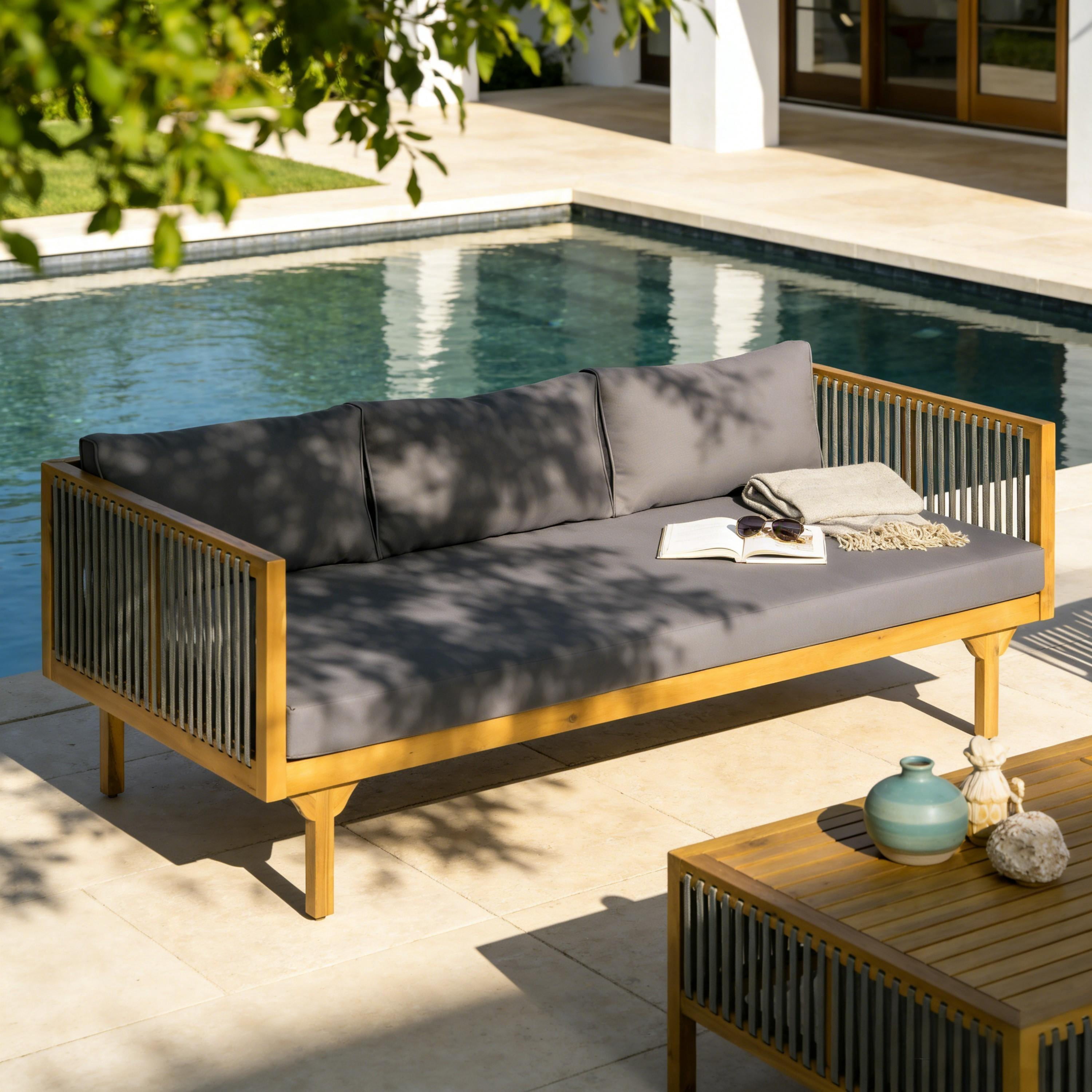 Patio Sofa, Outdoor Dark Grey Cushion Sofa with Grey Rope Acacia Wood for Garden Deck, Teak