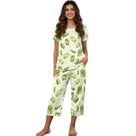DISNIMO Cucumber Printed Women's Short Sleeve Pajama Sets Soft Sleepwear 2 Piece Lounge Set Short Sleeve Tops and Capri Pant Pjs, S