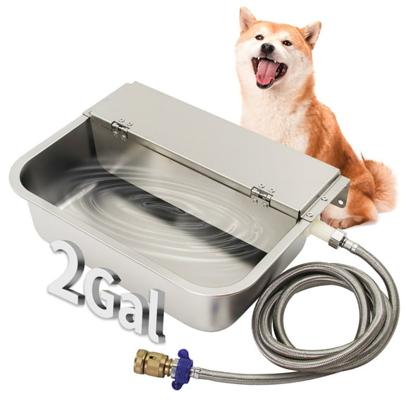 Automatic Water Dispenser for Dogs 2 Gal Stainless Steel Auto Pet Waterer Bowl for Small Animal, Dog, Chicken,Horse, Calf, Goat, with Drainage System, Float Valve, Hose and 3/4'' GHT Quick Connector