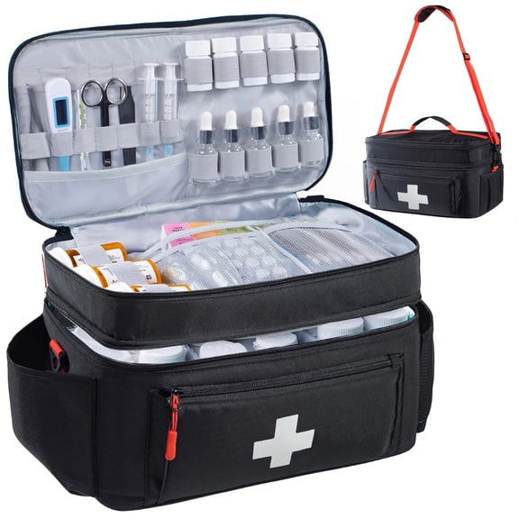 JUNCRAFT Medicine Bag Organizer, First Aid Kit Bags Empty, Pill Bottle Organizer Bag for Home, Large Medication Storage, Travel Carrying Case Medical Bag Empty, Emergency Kit Balck