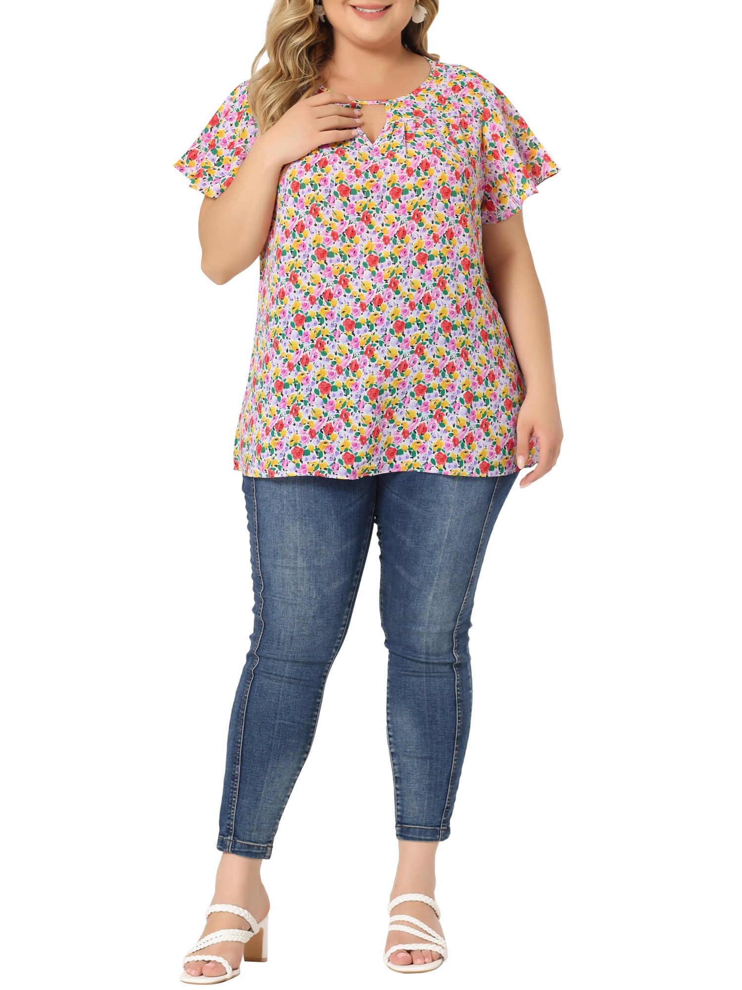 Agnes Orinda Women's Plus Size Floral Keyhole Flared Short Sleeve Chiffon  Blouse 