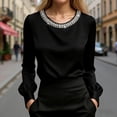 thumbnail image 2 of Lkhaha Womens Tees Tops Elegant Solid Long Sleeve Satin Finish Pearl Embellishment Workout Clothes Black L, 2 of 6