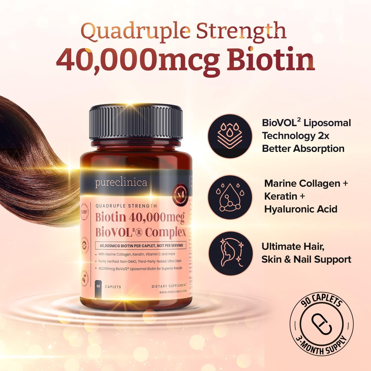 Pureclinica 400% Strength Biotin 40,000mcg – BioVOL²® Liposomal Biotin Complex with Marine Collagen, Keratin, Vitamin C & Hyaluronic Acid – 90 Caplets (3-Month Supply)