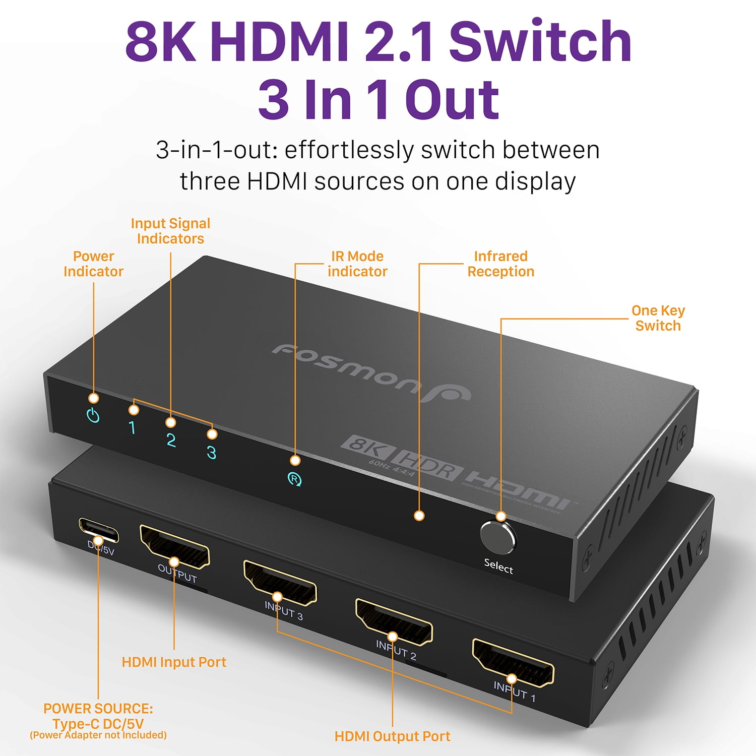 Fosmon 8K 3 Ports HDMI Switch with Remote, 3 In 1 Out 4K@120Hz 8K@60Hz HDR HDCP 2.3 HDMI 2.1 Splitter, Ultra High Speed 48Gbps for PS5, Xbox, Apple TV, Fire Stick