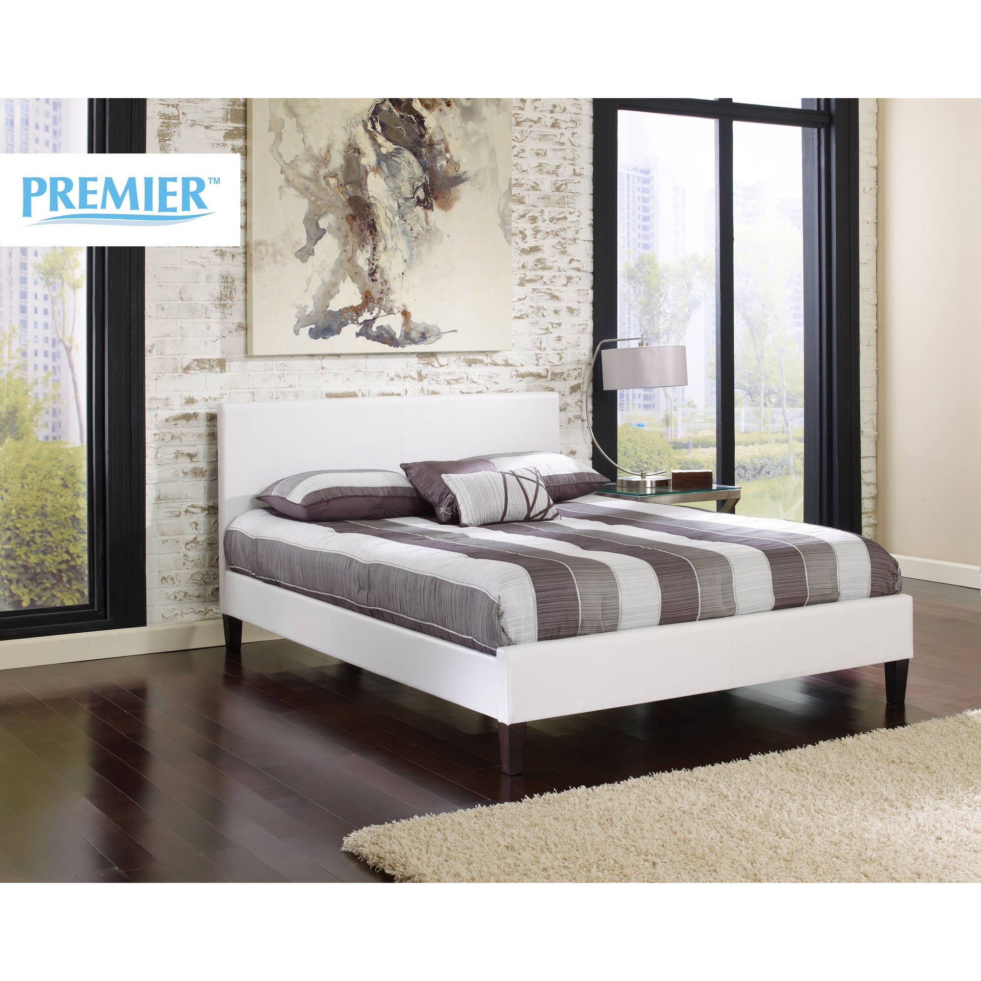 Premier Zurich Faux Leather Full White Upholstered Platform Bed Frame with Bonus Base Wooden Slat System
