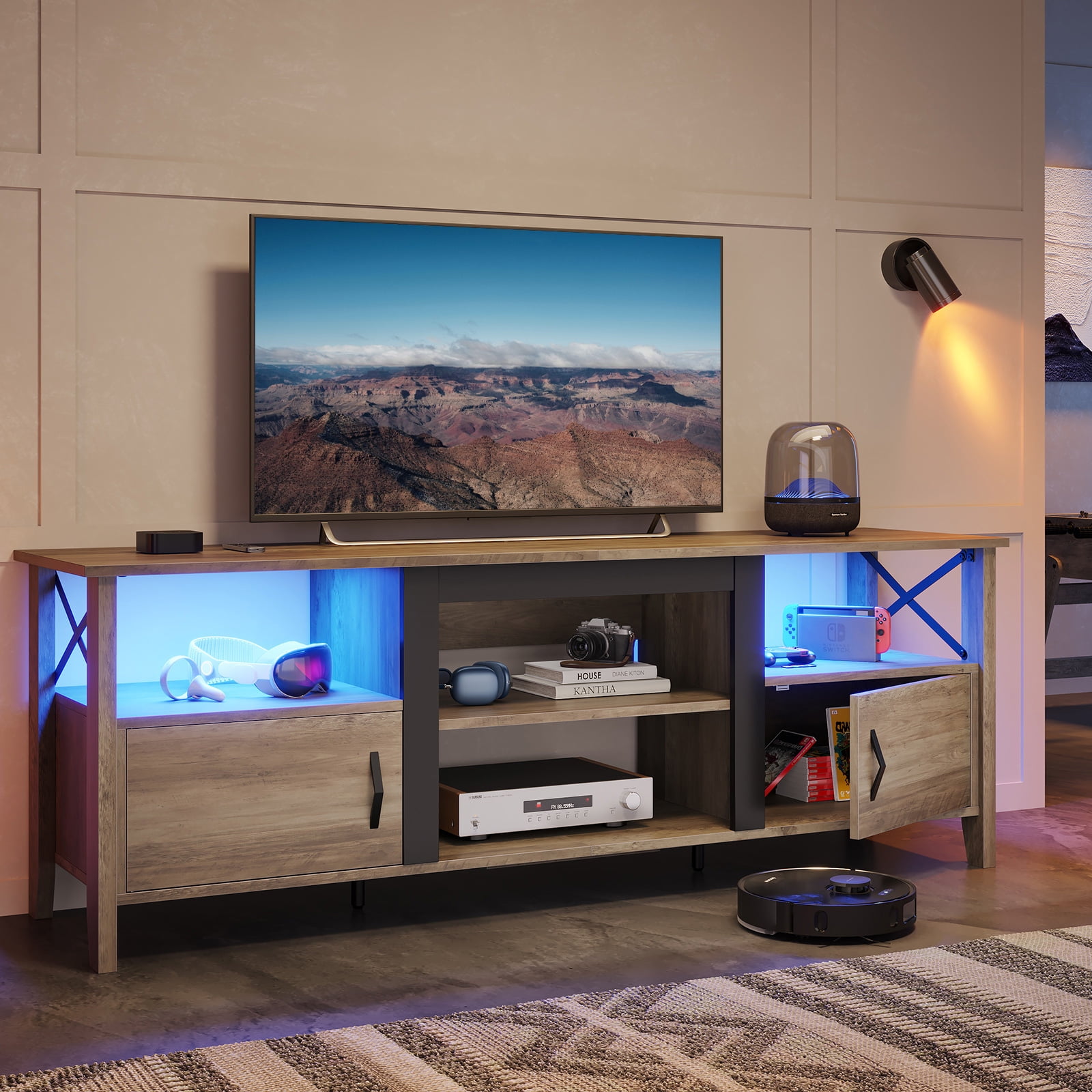 Bestier Farmhouse LED TV Stand for TVs up to 70" Entertainment Center with Storage Shelves in Wash Gray