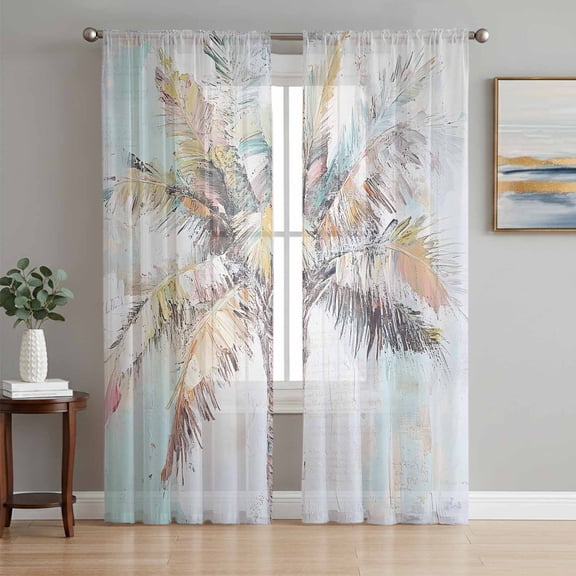 Brown Teal Palm Tree Sheer Curtains 96 Inch Length 2 Panels Set, Coastal Trees Tropical Oil Painting Voile Window Treatment Semi Sheer Long Curtains Drapes for Bedroom/Living Room/Kitchen 52"x96"x2