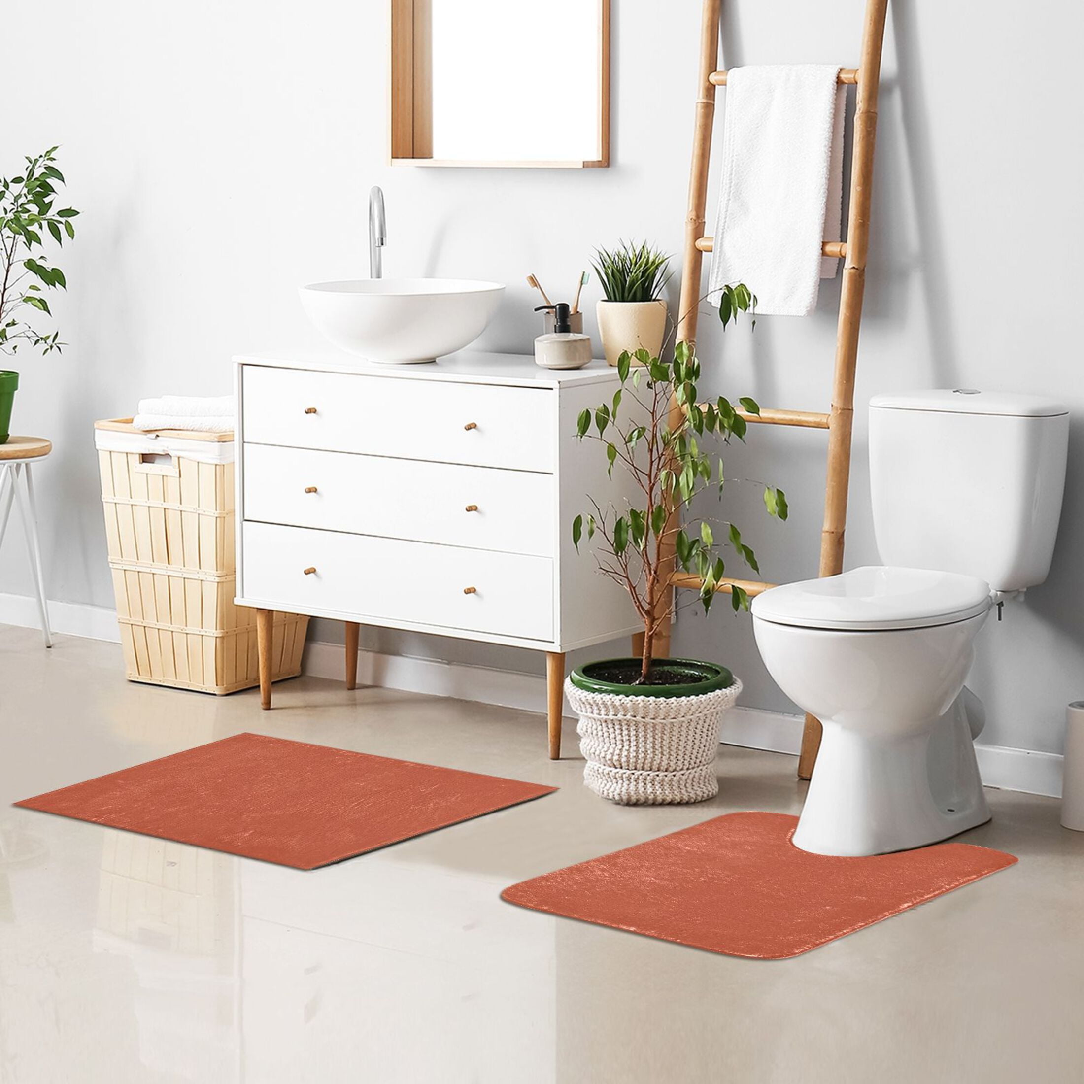 Toilet Rug Set Non-Slip Bathroom Rugs Soft Plush Machine Washable Contour Bath Mat Rust Red 24x20/24x16