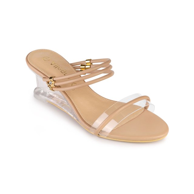 BLISSFUL STEP Sandales Compensées à Enfiler pour Femmes à Talon en Verre Transparent Nude 7