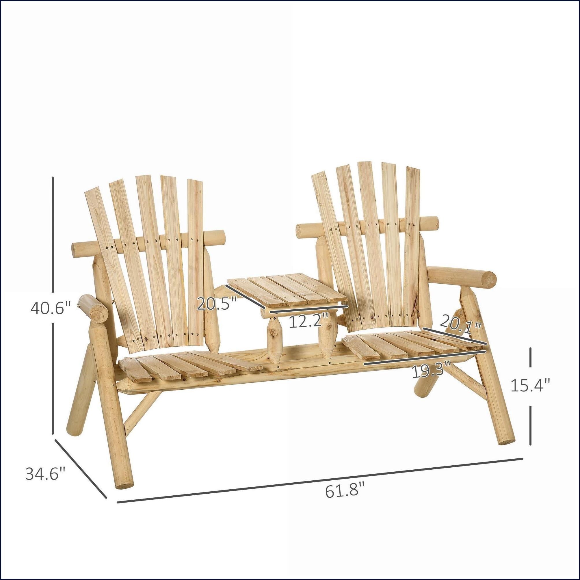 Outdoor Loveseat Adirondack Chair, 2-Seat Wooden Bench with Table/Cupholder for Porch/Backyard/Fire Pit | Natural | Slat Back