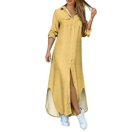 snowsong Maxi Dress Graduation Dress Women s Fashion Lapel Buttons Sexy Slit Shirt Dress Women Dresses Elegant Dresses Vintage Dress Yellow Dress 5XL