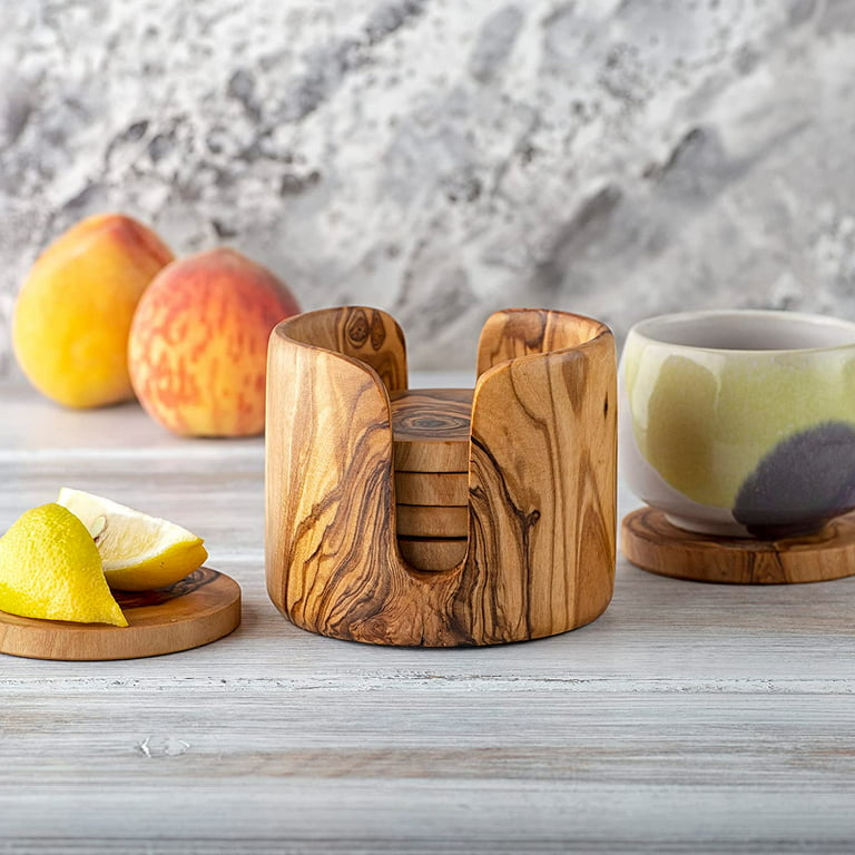 Olive Wood Table Coasters in a Non Rustic Holder - Set of 6 - Handmade  Wooden Cabin Decor Coaster Set for Home