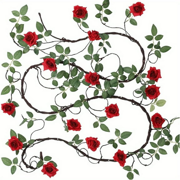 9.84 FT Artificial Red Rose Flower Garland Faux Rose Vine Flowers with Green Leaves for Birthday Wedding Home Party Decor