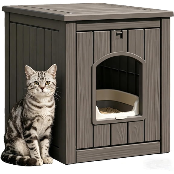 Cat Litter Box Enclosure, Multi-Functional Enclosed Cat Litter Box Furniture, Outdoor Cat House Weatherproof, Openable Front Door & Raised Floor, Easy to Clean & Assemble, Grey