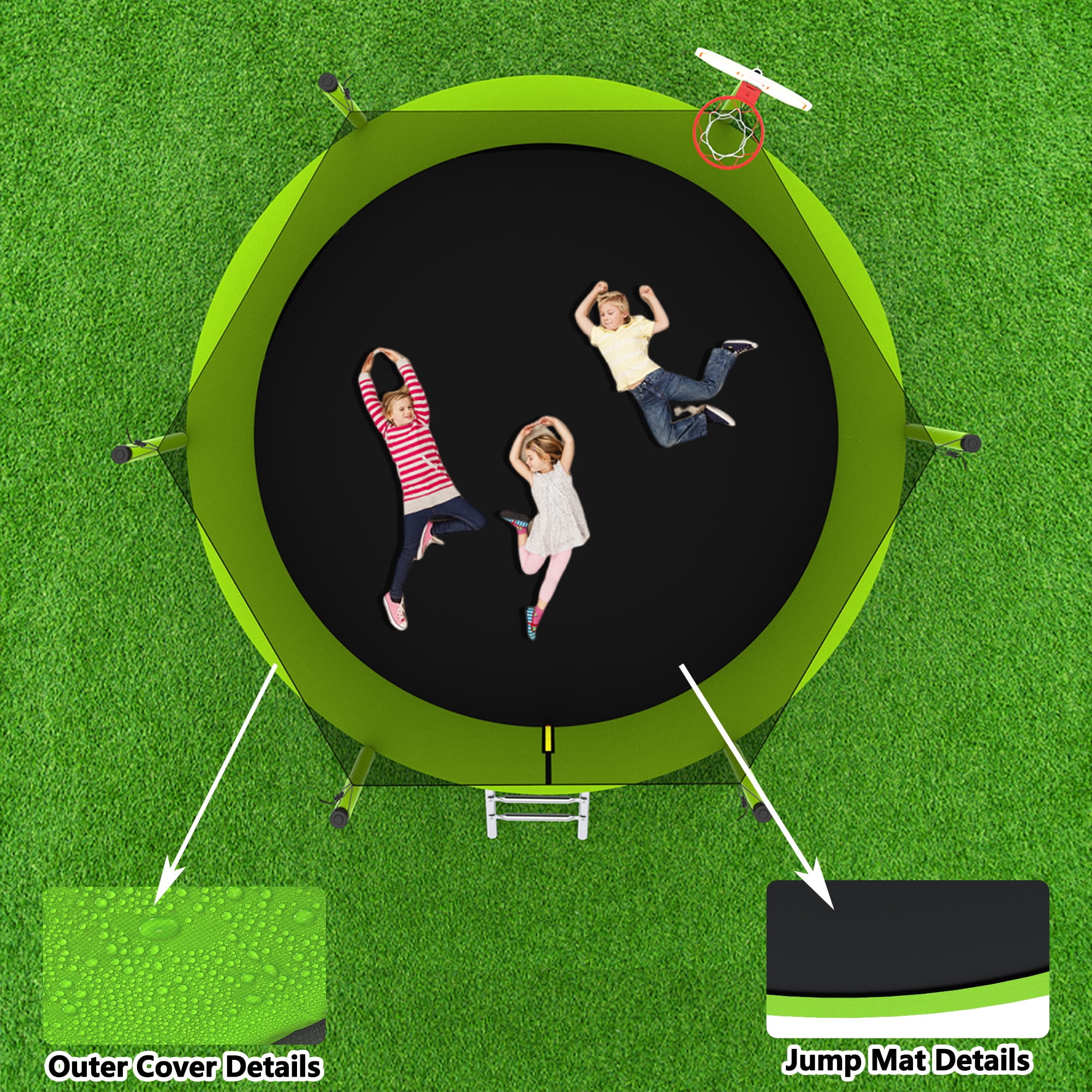 Alvantor 8Ft Kids Trampoline Round Trampolines with Basketball Hoop & Enclosure Net, Age 3-10 Green
