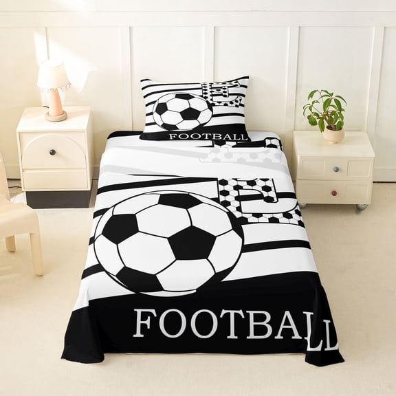 Feelyou Soccer Initial E Letter Twin Sheets for Kids, Black White Stripes Line Bedding, 3-Piece, 1 Flat Sheet, 1 Fitted Sheet and 1 Pillowcase