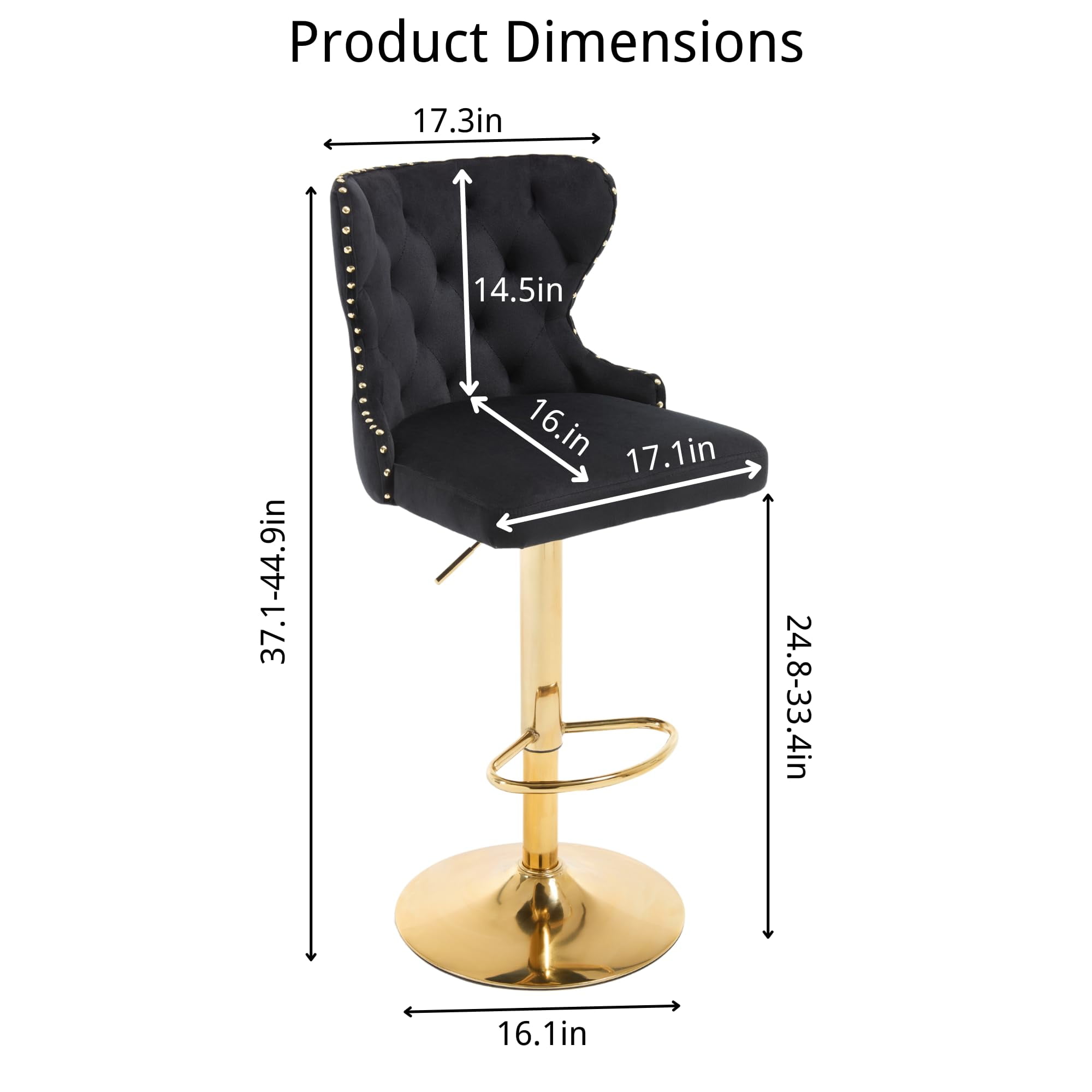 Set of 2 Adjustable Swivel Bar Stools, Velvet Upholstered Counter Height Chairs with Nailhead Trim, Golden Footrest, Golden Legs, and High Back for Kitchen Island, Home Bar, Dining Room, Cafe, Black