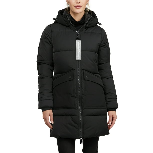 Kendall + Kylie Simms Long Puffer Jacket with Fixed Split Hood for Women 