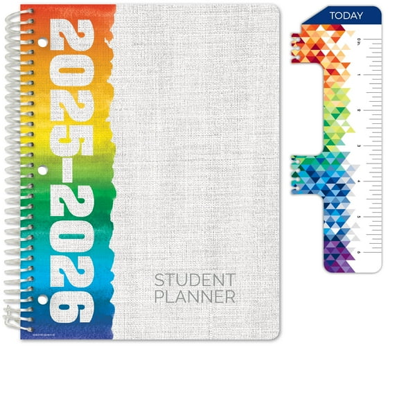 Global Datebooks Dated 2025-2026 Weekly and Monthly Academic Year Student Planner Calendar, August 2025 - June 2026, Ruler/Bookmark and Planning Stickers (Block Style - 8.5"x11" - Rainbow Linen)