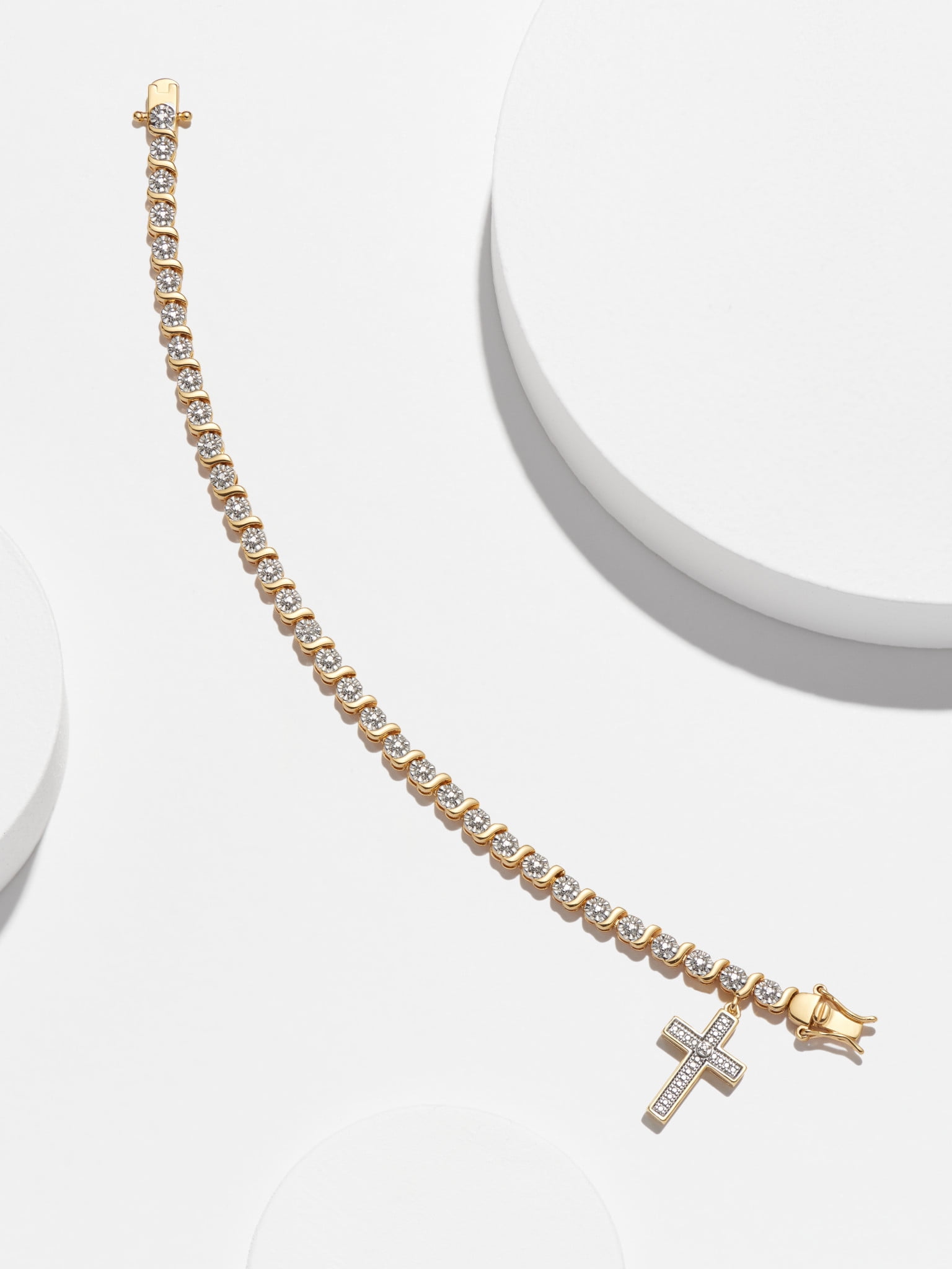 Morgan & Paige 18K Yellow Gold Plated Diamond Accent Cross Charm Tennis Bracelet, 7.25"
