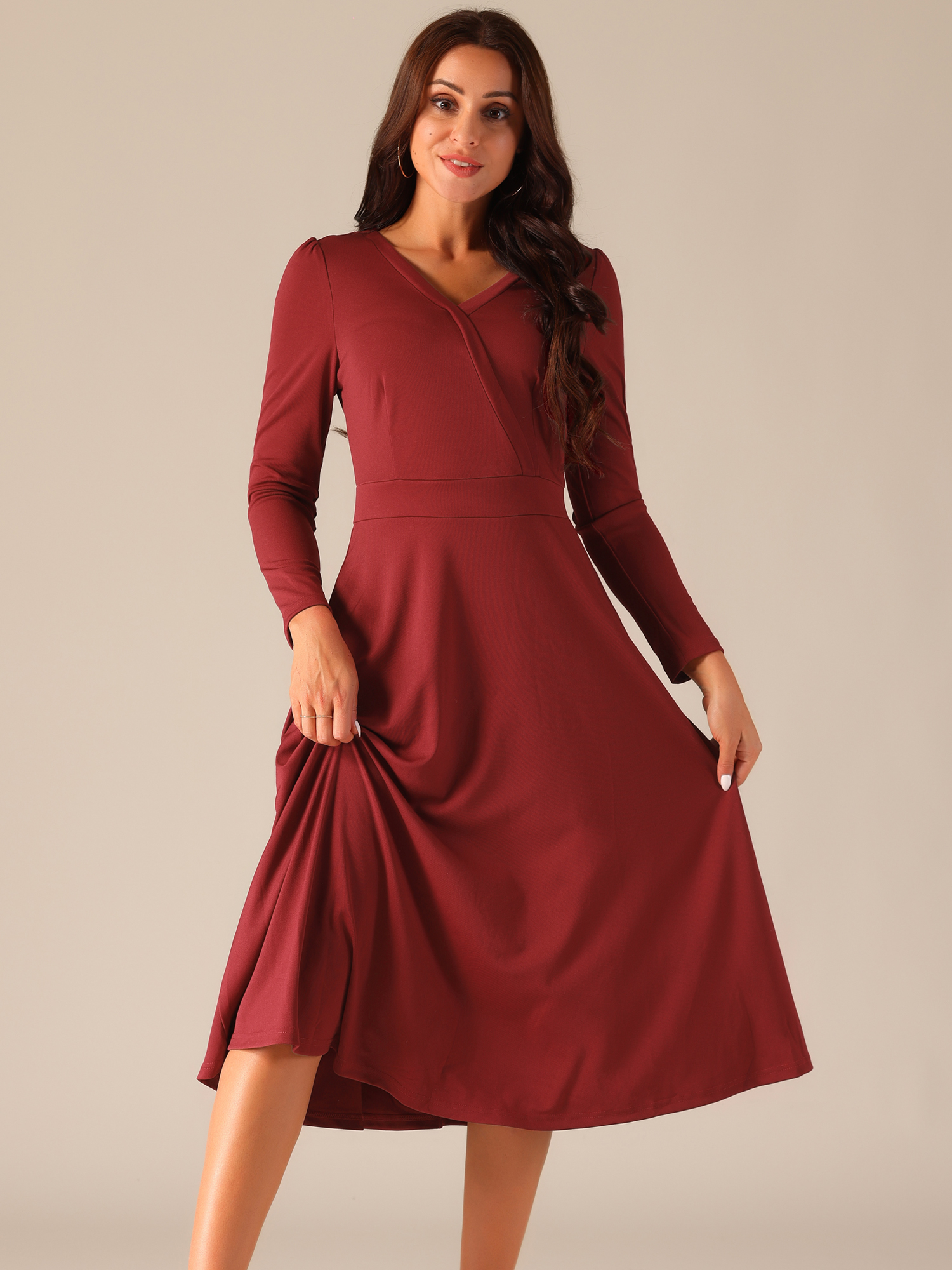 DARING DIVA Midi Faux Wrap Puff Sleeve Dress M Wine Red