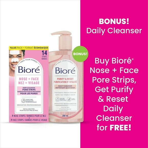 BONUS PACK! Bioré Deep Cleansing Nose + Face Pore Strips Mixed Value Pack for Instant Pore Unclogging and Blackhead Removal, 14ct & Bioré Rose Quartz + Charcoal Daily Purifying Cleanser, Face Wash for, BONUS! 2 pack