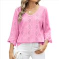 thumbnail image 1 of Camiseta de Mujer con Cuello en V, Mangas 3/4 con Volantes y Ojales, Blusa Informal, Estilo Túnica, Tendencia 2025 Rosa XXL, 1 of 9