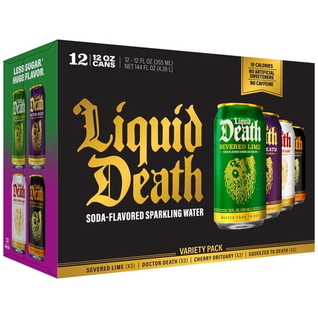 Liquid Death Variety Pack Soda Flavored Sparkling Water 12-pack (12 fl oz Cans), No Caffeine and No Artificial Sweeteners, 4 Flavors: Severed Lime, Doctor Death, Cherry Obituary, Squeezed to Death