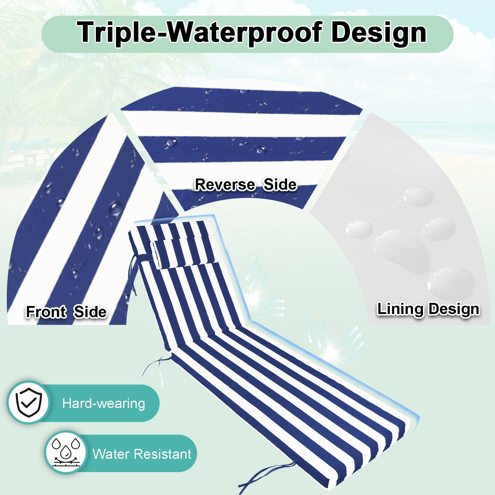 DTTRA Chaise Lounge Cushions Outdoor, 80 x 26 x 3 Inch, Waterproof Lounge Chair Cushion for Outdoor Furniture, Patio Lounger Pads with Removable Cover Ties Pillow for Pool, Garden Loungers