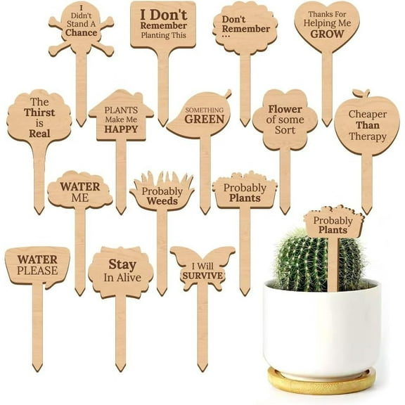 15 Pcs Wood Funny Plant Markers Water Me Probably Weeds Plant Label Joke Punny Garden Stakes Butterfly Leaf Garden Tags for Vegetable Flower Herb Succulent Seed Potted