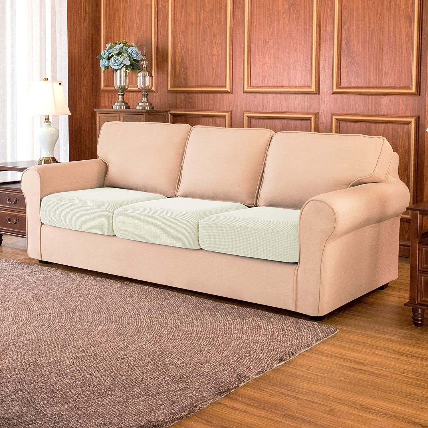 Subrtex Cushion Covers Separate Seat Stretch Textured Grid (3PCS, Ivory)