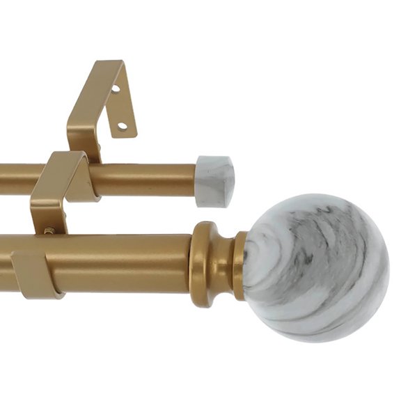 MERIVILLE 1" Double Curtain Rod Set, Adjustable 84–120 Inches, White Marble Ball Finials, Royal Gold