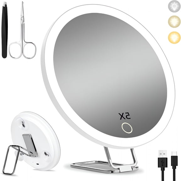 HIBIBUD 5x Magnifying Mirror with Light, 6 Inch Lighted Vanity Mirror, 3 Color Dimmable LED, Rechargeable Travel Makeup Mirror with Tweezers & Scissors