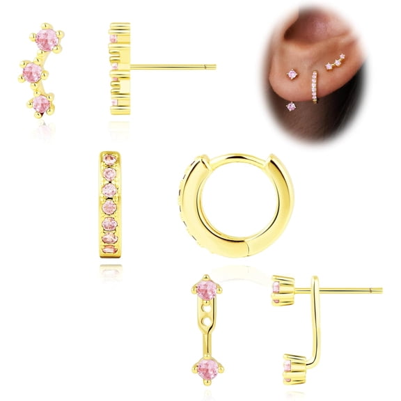 Gold Stud Earrings Set For Women, 3 Pairs Huggie Hoop Jacket Studs Earring Stack For Multiple Piercing, Hypoallergenic 925 Sterling Silver Post Dainty Birthstone Trendy Jewelry Gifts[Z240]
