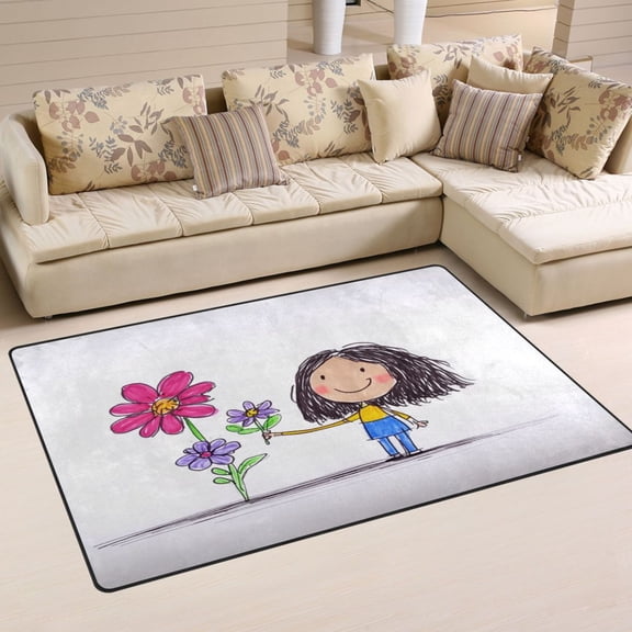 Girl and Flowers Soft Polyester Area Rug 31''x20'', Non Slip, Memory Foam, Water Absorbent