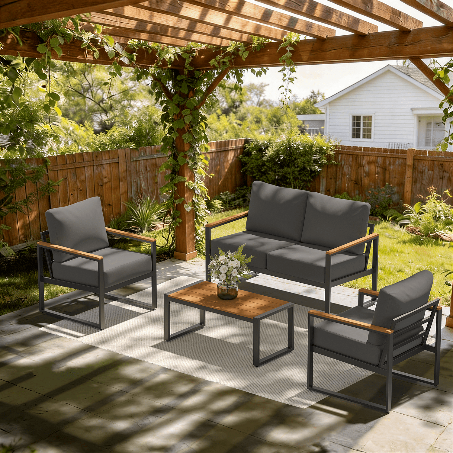 LazySunsets 4-Piece Outdoor Patio Furniture Set, Modern Metal Conversation Set for Porch, Deck, Balcony (Dark Grey)