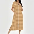 thumbnail image 2 of Fartey Women's Zipper Front Short Sleeve Nightgown Trendy Plaid Print Nightdress Loose Fit Long House Coat Soft Comfy Crew Neck Loungewear with Pockets Yellow 2XL, 2 of 8