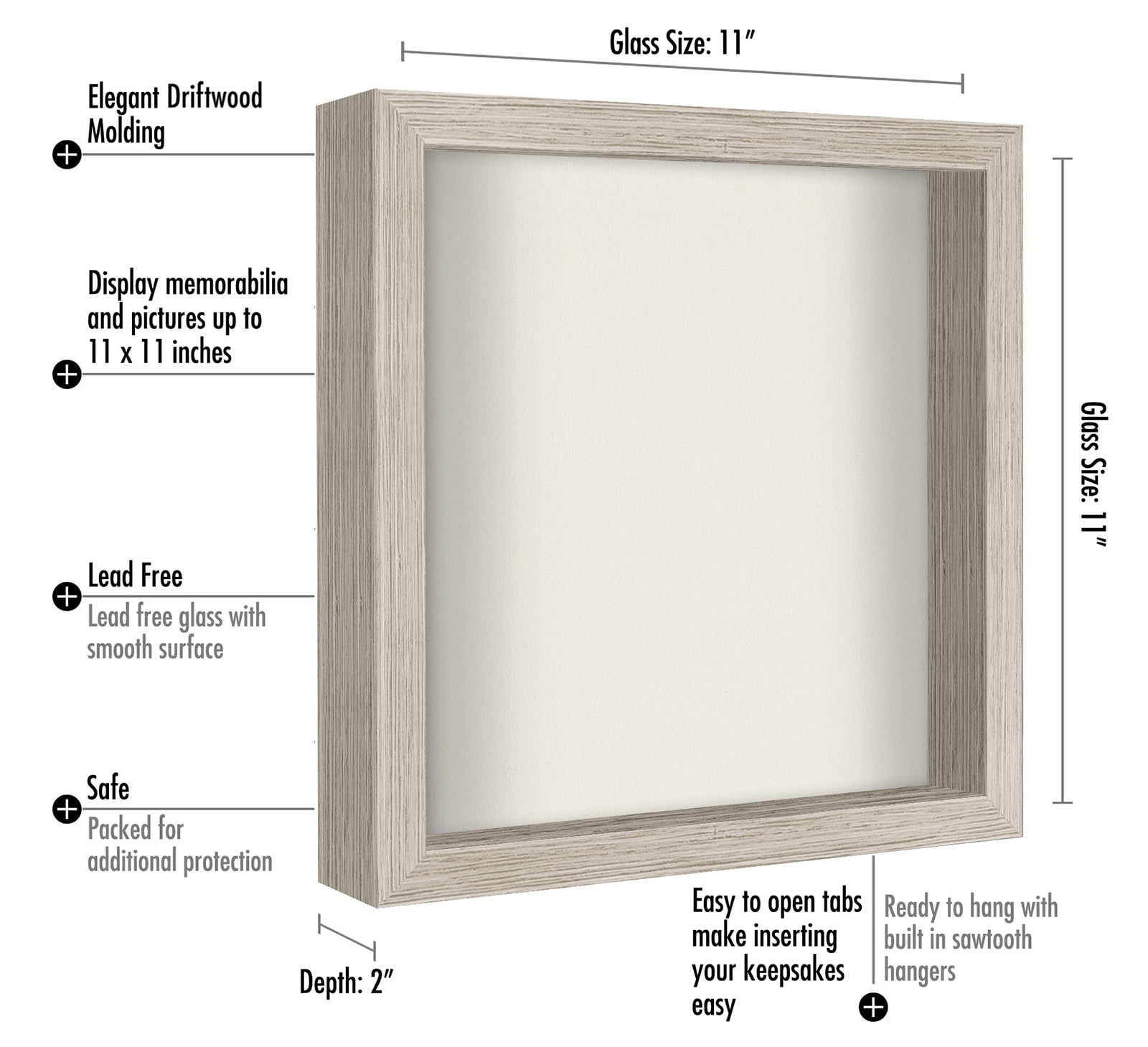 Americanflat 11x11 Shadow Box Frame in Drift wood with Soft Linen Back - Composite Wood with Polished Glass for Wall and Tabletop